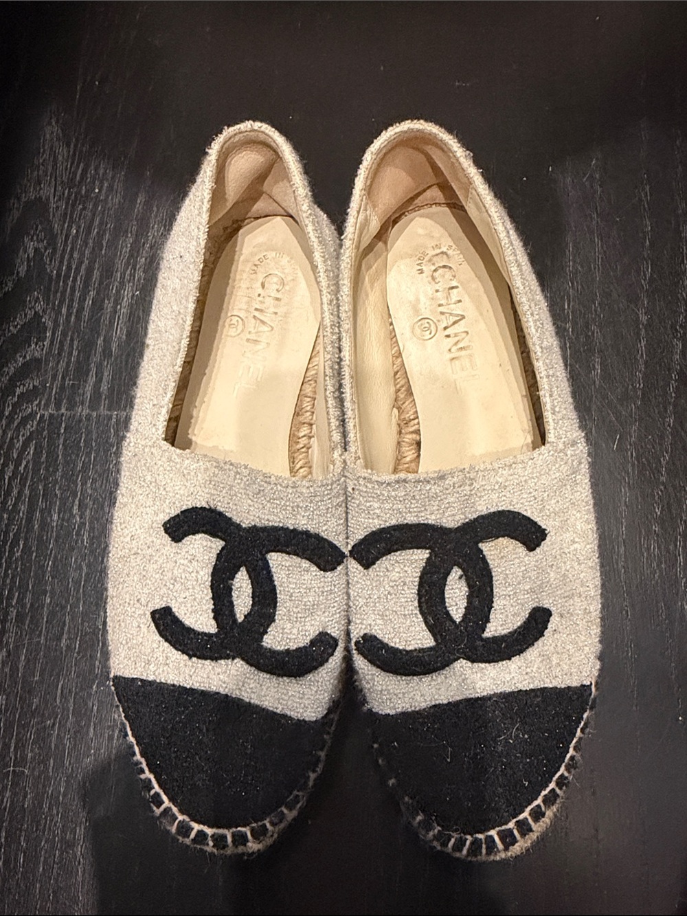 CHANEL Beige and Black CC Logo Espadrille Flats
